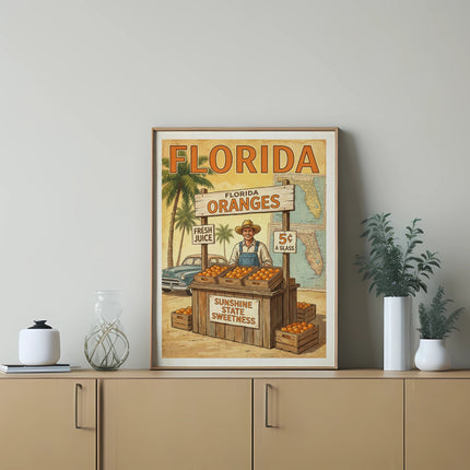 Florida oranges stand with fresh juice and vintage truck, selling for 5 cents.
