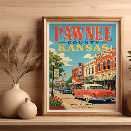 Pawnee County Kansas vintage travel poster with town scene and car.