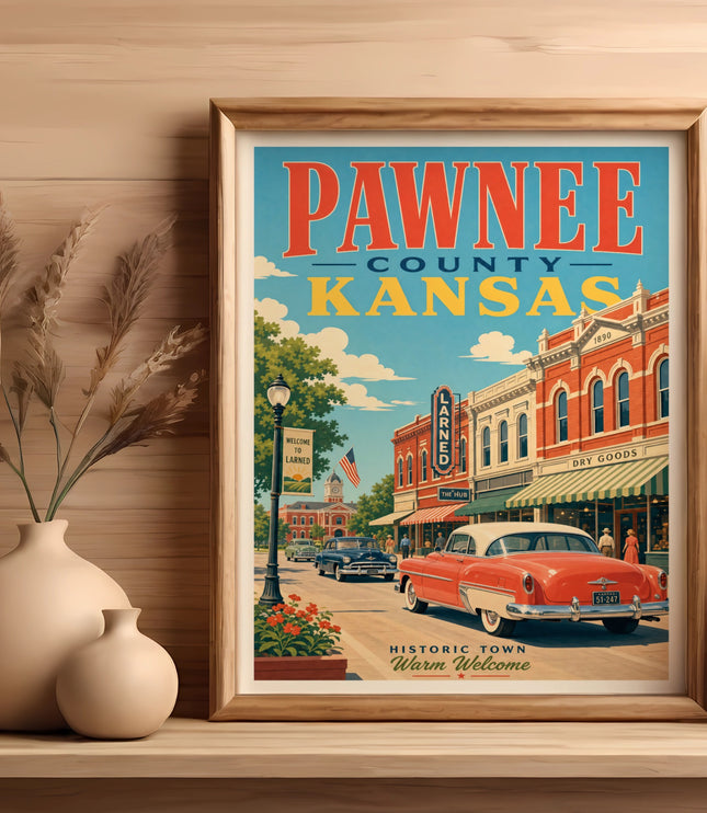 Pawnee County Kansas vintage travel poster with town scene and car.