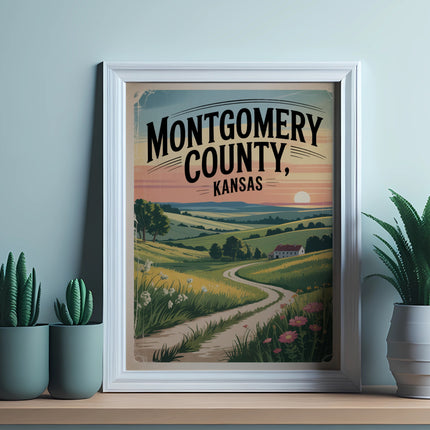 Vintage poster for Montgomery County, Kansas, with a winding road and rolling hills.