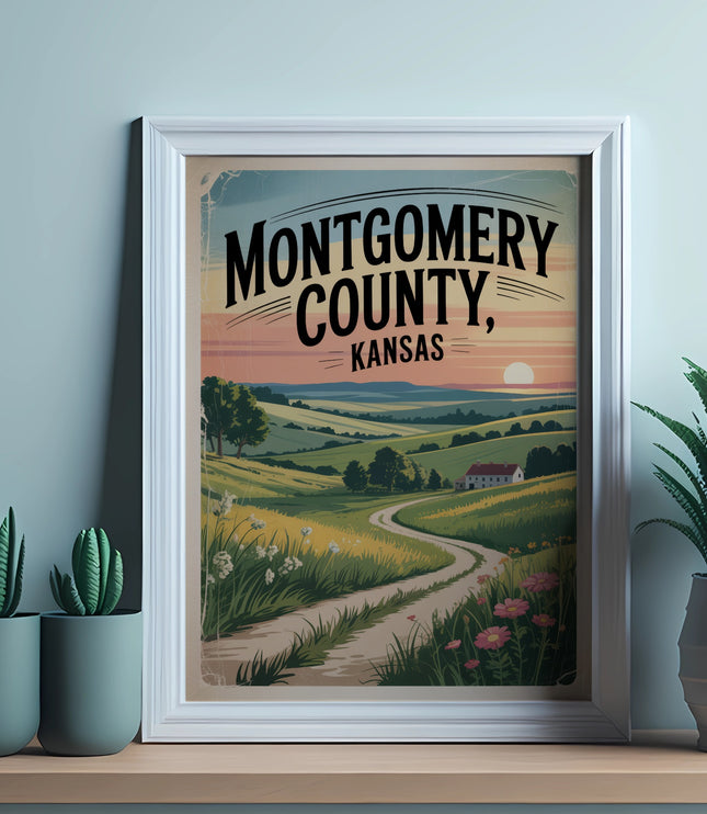 Vintage poster for Montgomery County, Kansas, with a winding road and rolling hills.