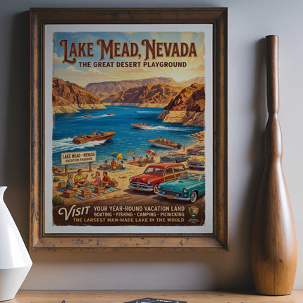 Lake Mead, Nevada vintage travel poster with boats, people, and cars.