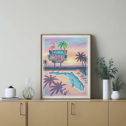 Framed vintage Florida motel sign with swimming pool and palm trees.