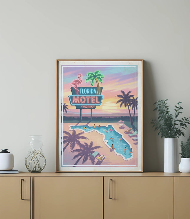 Framed vintage Florida motel sign with swimming pool and palm trees.