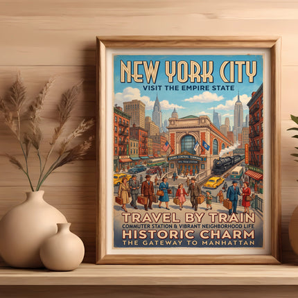 Vintage New York City travel poster depicting Grand Central Terminal and city life.
