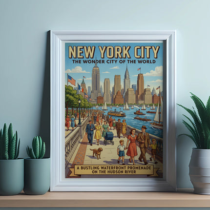 New York City waterfront promenade poster with text "The Wonder City of the World."