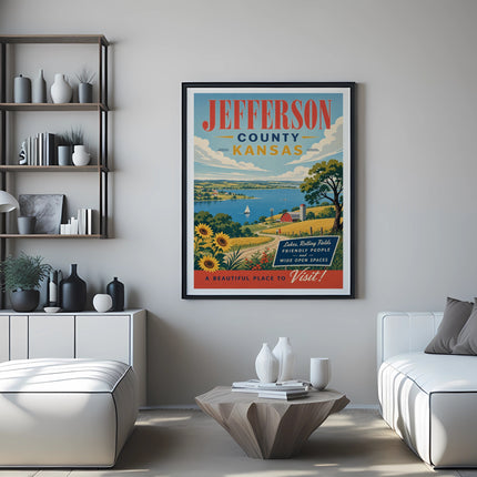 Jefferson County, Kansas travel poster with scenic view and text.