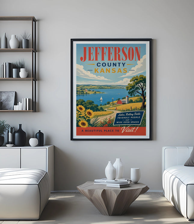 Jefferson County, Kansas travel poster with scenic view and text.