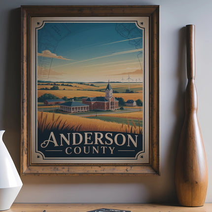 Vintage travel poster for Anderson County featuring a pastoral landscape.