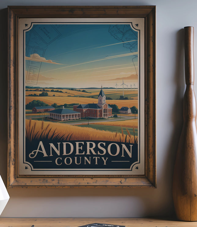 Vintage travel poster for Anderson County featuring a pastoral landscape.