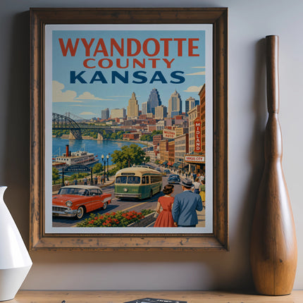 Wyandotte County, Kansas vintage travel poster with cityscape and vintage vehicles.