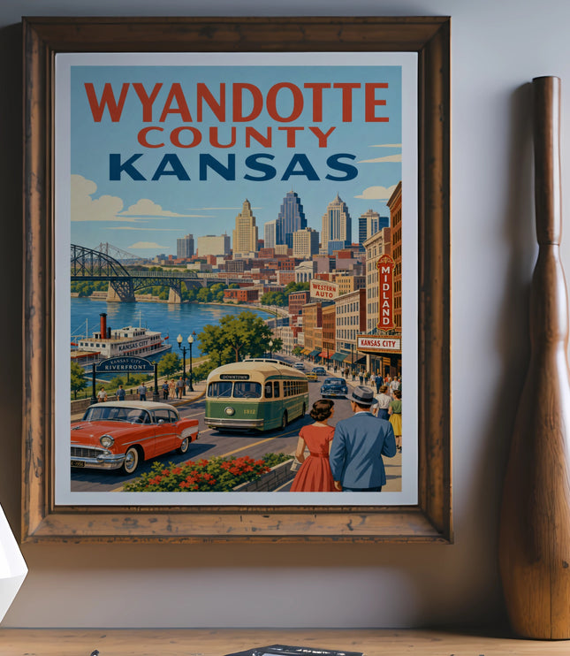 Wyandotte County, Kansas vintage travel poster with cityscape and vintage vehicles.