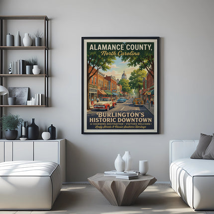 Poster of Alamance County, North Carolina historic downtown with cars and shops.