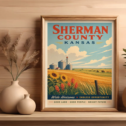Sherman County Kansas vintage travel poster with sunflowers and wheat fields.