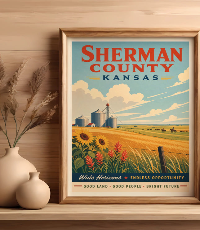 Sherman County Kansas vintage travel poster with sunflowers and wheat fields.