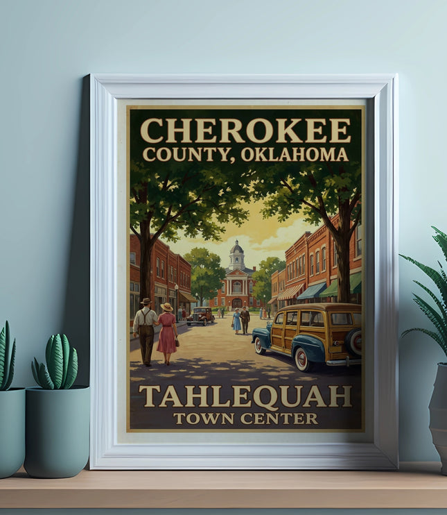 Cherokee County, Oklahoma Tahlequah Town Center vintage travel poster.