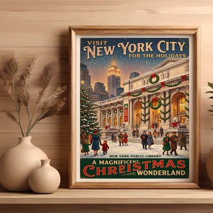 Vintage poster of New York Public Library decorated for holidays, with text "Visit New York City for the Holidays" and "Christmas Wonderland".