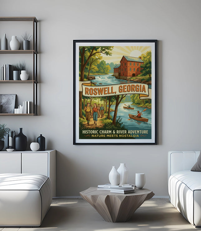 Poster of Roswell, Georgia with a mill, river, and people kayaking.