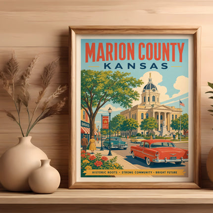 Vintage Marion County, Kansas poster with courthouse and red car.