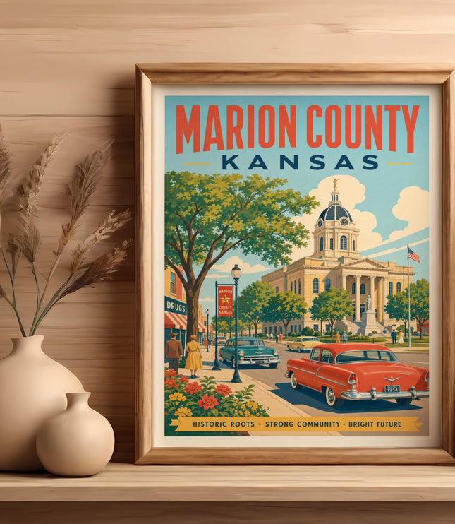 Vintage Marion County, Kansas poster with courthouse and red car.