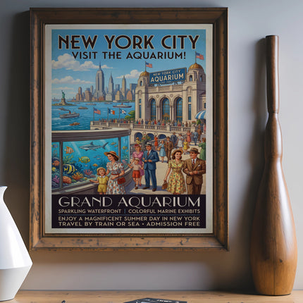 Vintage poster for New York City Aquarium, featuring exhibits and building facade.