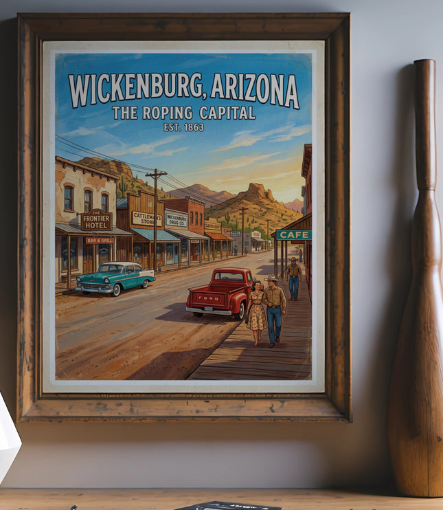 Wickenburg, Arizona vintage poster featuring a desert street scene with old cars.