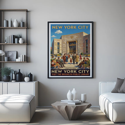 New York City poster with Brooklyn Public Library illustration and text.