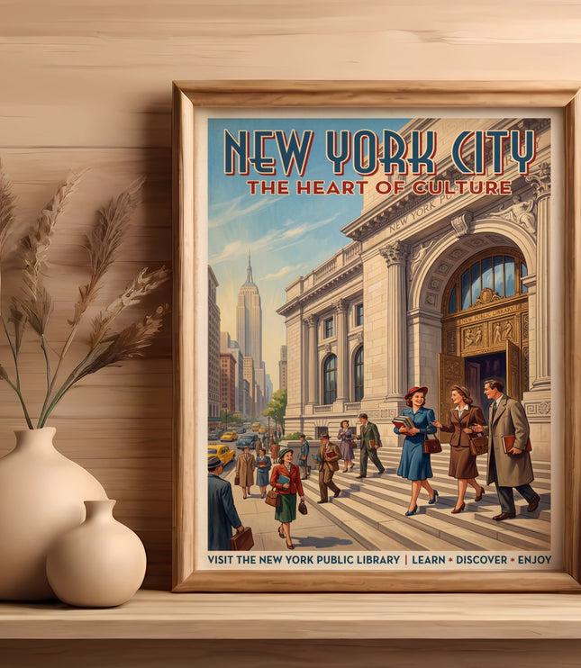Vintage New York City poster with Empire State Building and library entrance.
