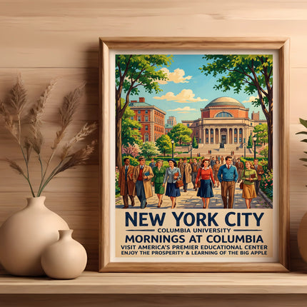 New York City Columbia University poster with "Mornings at Columbia" text.
