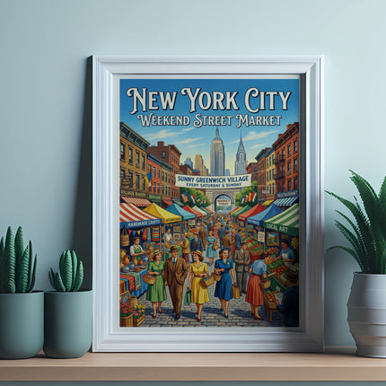New York City Weekend Street Market poster with vendors and shoppers.