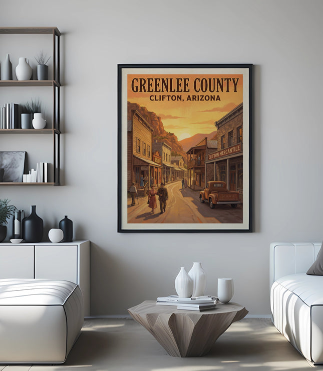 Greenlee County Clifton Arizona vintage travel poster with buildings and sunset.