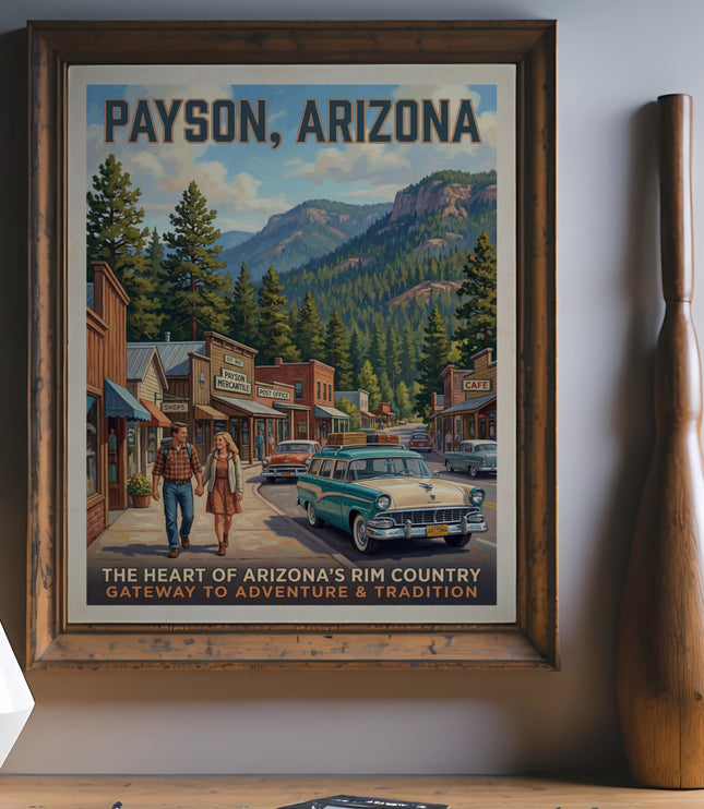 Payson, Arizona vintage travel poster featuring a couple, classic cars, and mountainous scenery.