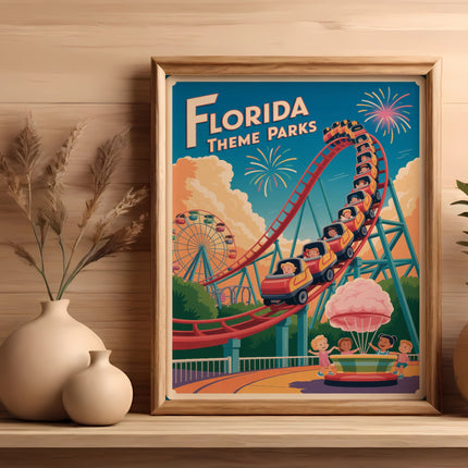 Vintage Florida theme parks poster featuring a roller coaster and Ferris wheel.