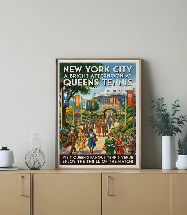 New York City Queens Tennis poster with people attending a match, dated 1940.