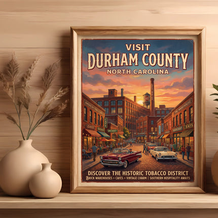 Vintage poster of Durham County, North Carolina, depicting the historic tobacco district.