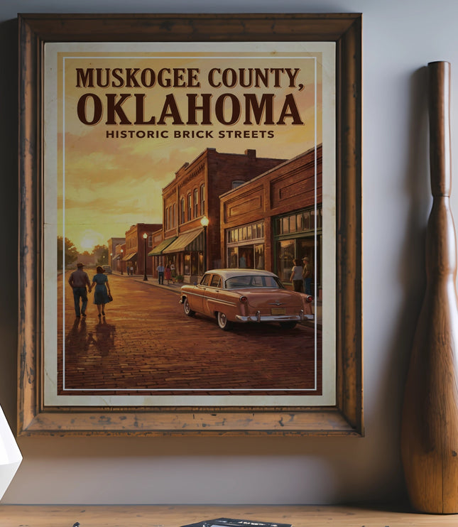 Framed artwork titled "Muskogee County, Oklahoma Historic Brick Streets" with vintage car.