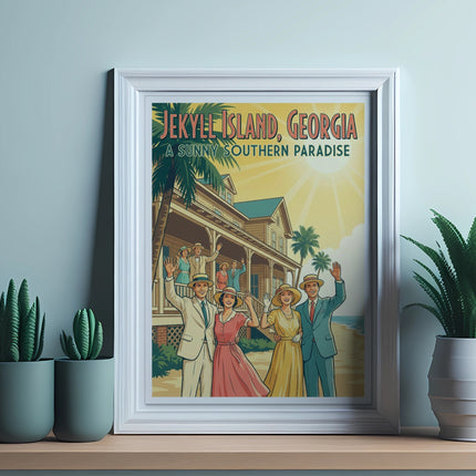 Framed poster of Jekyll Island, Georgia, with vintage illustration of people and buildings.