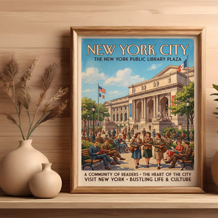 New York City Public Library Plaza vintage poster with people and text.