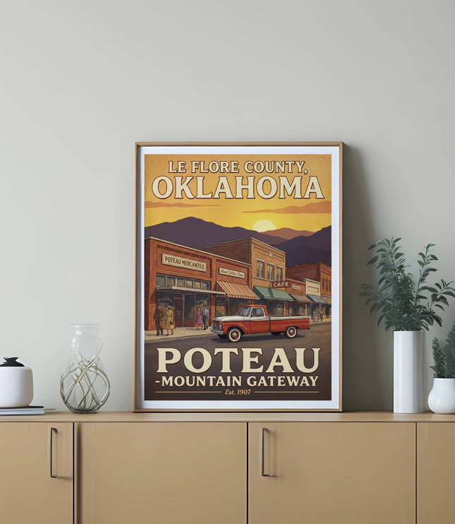 Vintage poster art of Poteau, Oklahoma, showing a street scene with a red truck.