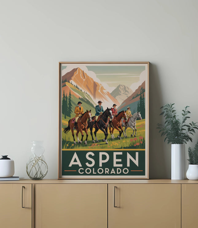Poster with riders on horses in Aspen, Colorado mountains.
