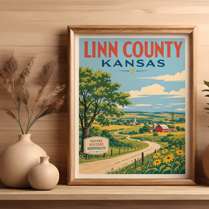 Linn County, Kansas vintage travel poster showing landscape with text.