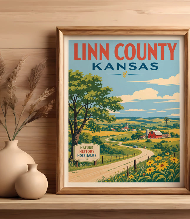 Linn County, Kansas vintage travel poster showing landscape with text.