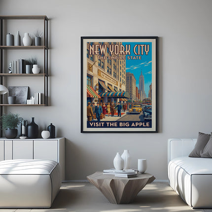 Vintage New York City poster depicting Empire State Building and busy street scene.