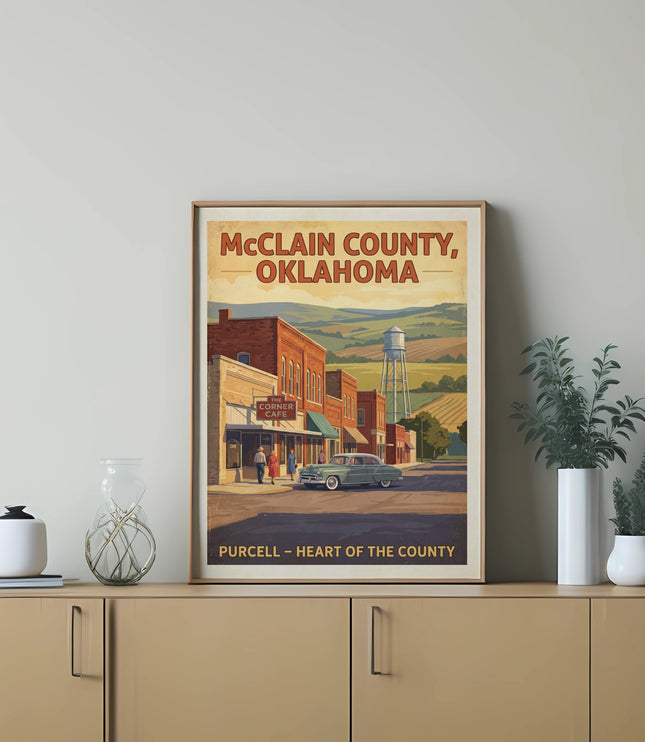 McClain County, Oklahoma poster with "Purcell - Heart of the County" text.
