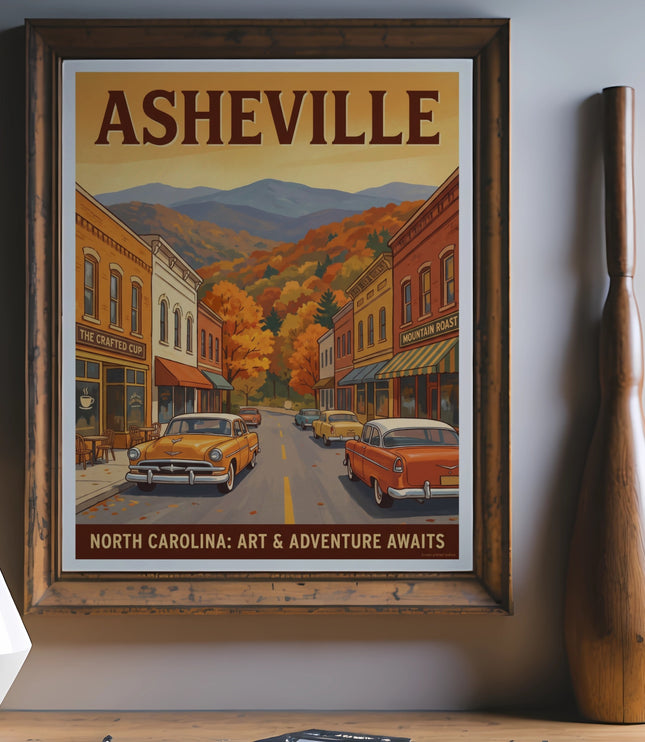 Vintage Asheville, North Carolina poster with street scene and mountains.
