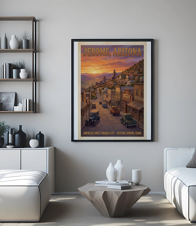 Jerome, Arizona framed poster depicting a historic mining town at sunset.