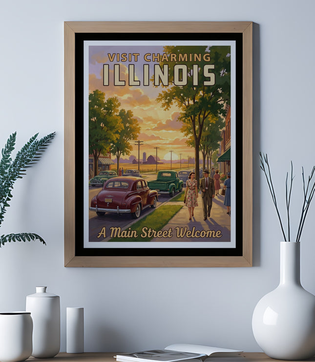 Vintage "Visit Charming Illinois" poster with a sunset scene and people strolling downtown.