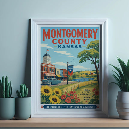 Montgomery County, Kansas poster featuring Independence, history, hospitality, and sunshine.