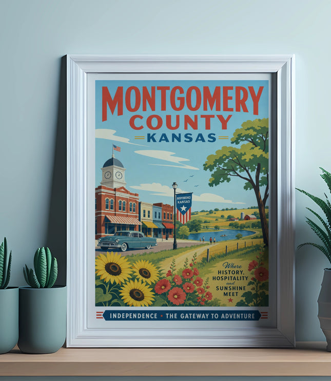 Montgomery County, Kansas poster featuring Independence, history, hospitality, and sunshine.