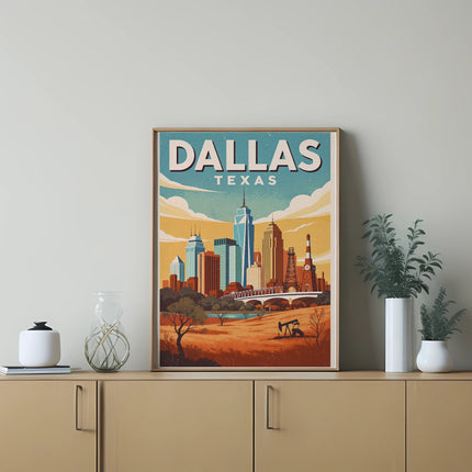 Retro poster art of the Dallas skyline with "Dallas Texas" text.